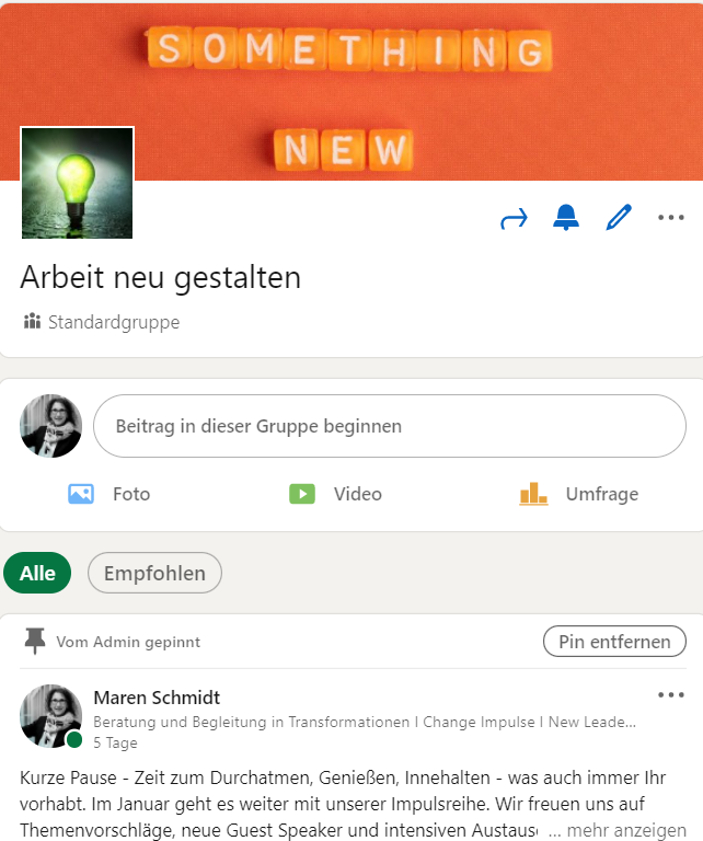 Screenshot der LinkedIn Gruppe Arbeit neu gestalten